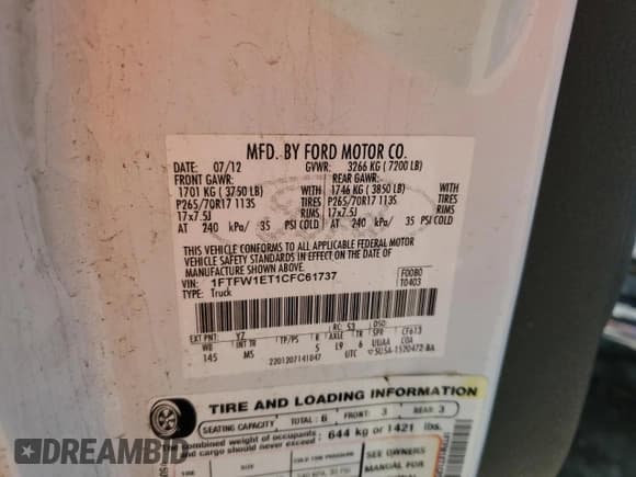 ✅ 2012 Ford F-150 XL • VIN: 1FTFW1ET1CFC61737 • Lot: 56409615. Listed on Copart with Not provided. Free auction sales archive from the USA and detailed vehicle history report at DreamBid. Image 12.