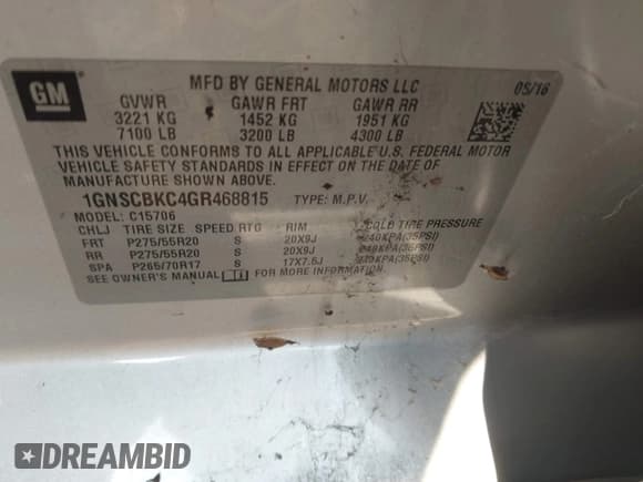 ✅ 2016 Chevrolet Tahoe LT • VIN: 1GNSCBKC4GR468815 • Lot: 43223810. Listed on IAAI with 136,753 mi. Free auction sales archive from the USA and detailed vehicle history report at DreamBid. Image 9.