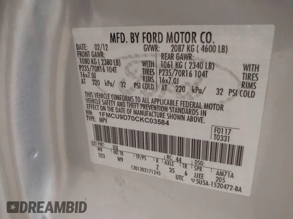 ✅ 2012 Ford Escape XLT • VIN: 1FMCU9D70CKC03584 • Lot: 43697467. Wystawiony na IAAI z przebiegiem 66 989 mil. Bezpłatny archiwum sprzedaży aukcyjnych z USA i szczegółowy raport historii pojazdu na DreamBid. Zdjęcie 9.