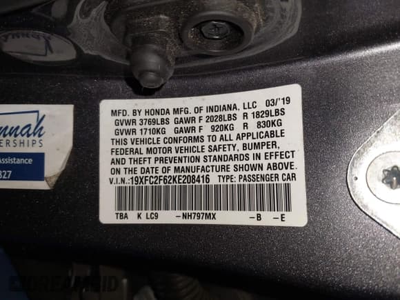 ✅ 2019 Honda Civic LX • VIN: 19XFC2F62KE208416 • Lot: 43315895. Listed on IAAI with 67,345 mi. Free auction sales archive from the USA and detailed vehicle history report at DreamBid. Image 9.