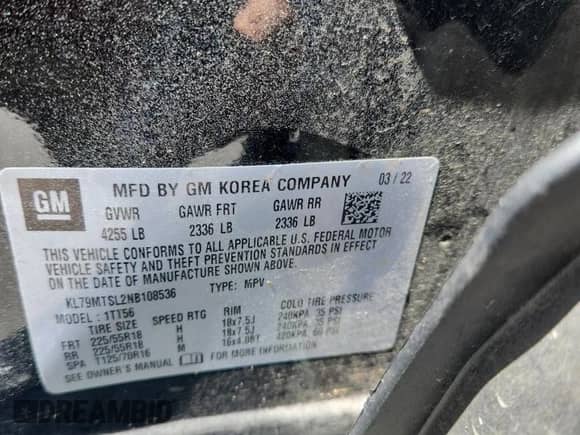 2022 Chevrolet TrailBlazer RS with VIN KL79MTSL2NB108536, listed as a Copart auction lot 71830015 with 45,341 mi miles and Salvage title. Bid and sale history available at DreamBid. Image 13.