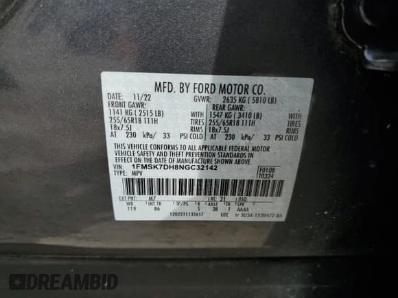 ✅ 2022 Ford Explorer XLT • VIN: 1FMSK7DH8NGC32142 • Lot: 85881785. Wystawiony na Copart z przebiegiem 56 511 mil. Bezpłatny archiwum sprzedaży aukcyjnych z USA i szczegółowy raport historii pojazdu na DreamBid. Zdjęcie 12.