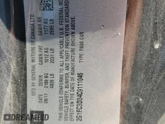 ✅ 2012 Chevrolet Camaro 2LT • VIN: 2G1FC3D34C9111046 • Lot: 80691355. Listed on Copart with 99,496 mi. Free auction sales archive from the USA and detailed vehicle history report at DreamBid. Image 12.