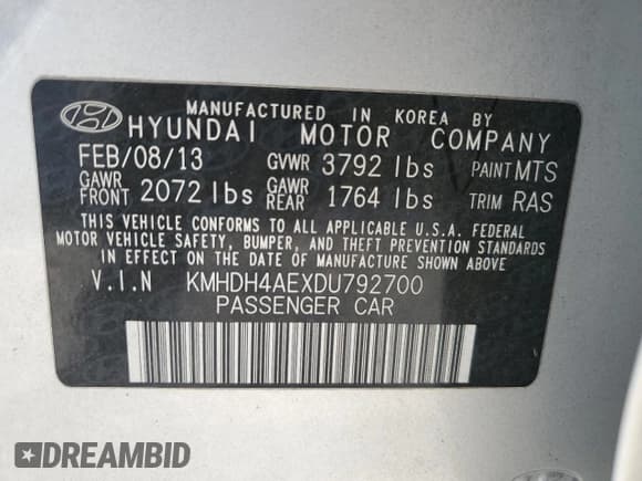 ✅ 2013 Hyundai Elantra GLS • VIN: KMHDH4AEXDU792700 • Lot: 80726745. Listed on Copart with 141,126 mi. Free auction sales archive from the USA and detailed vehicle history report at DreamBid. Image 12.