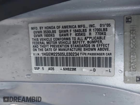 ✅ 2005 Honda Civic LX • VIN: 1HGEM22505L030234 • Лот: 43762690. Опубликован ранее на IAAI с пробегом 238 048 миль. Бесплатный доступ к архиву аукционных продаж из США и подробный отчёт об истории автомобиля на DreamBid. Изображение 9.
