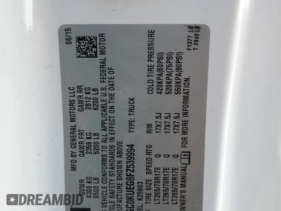 ✅ 2015 Chevrolet Silverado 2500HD Work Truck • VIN: 1GC0KUEG8FZ539994 • Lot: 62939475. Listed on Copart with 229,357 mi. Free auction sales archive from the USA and detailed vehicle history report at DreamBid. Image 12.