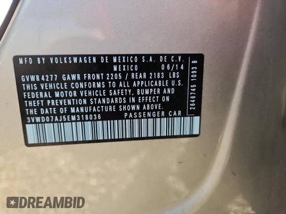 ✅ 2014 Volkswagen Jetta SE • VIN: 3VWD07AJ5EM318036 • Lot: 87401835. Listed on Copart with 103,272 mi. Free auction sales archive from the USA and detailed vehicle history report at DreamBid. Image 12.