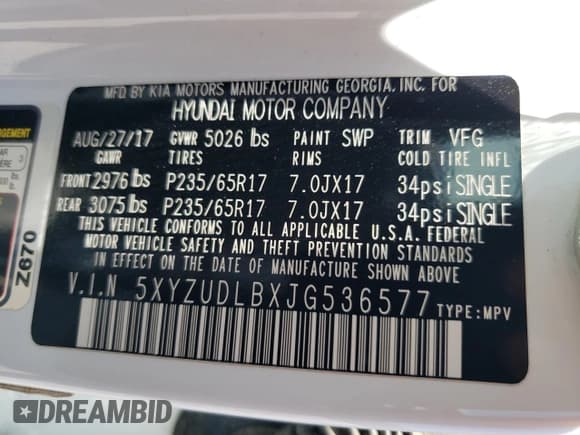 ✅ 2018 Hyundai Santa Fe 2.4L • VIN: 5XYZUDLBXJG536577 • Лот: 60668964. Опубликован ранее на Copart с пробегом 58 570 миль. Бесплатный доступ к архиву аукционных продаж из США и подробный отчёт об истории автомобиля на DreamBid. Изображение 15.