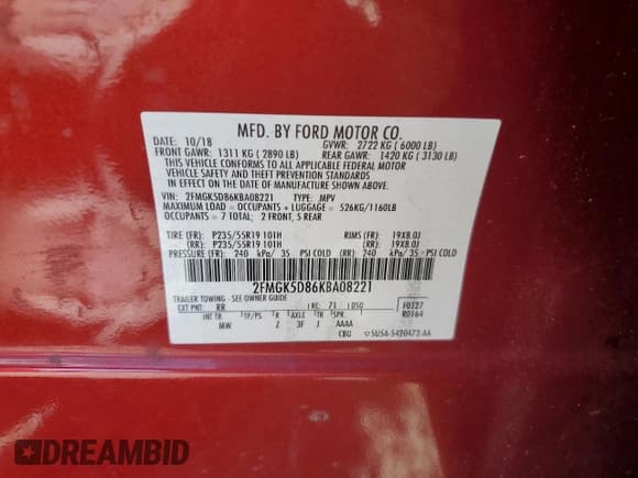 ✅ 2019 Ford Flex Limited • VIN: 2FMGK5D86KBA08221 • Lot: 85201795. Listed on Copart with 118,048 mi. Free auction sales archive from the USA and detailed vehicle history report at DreamBid. Image 13.