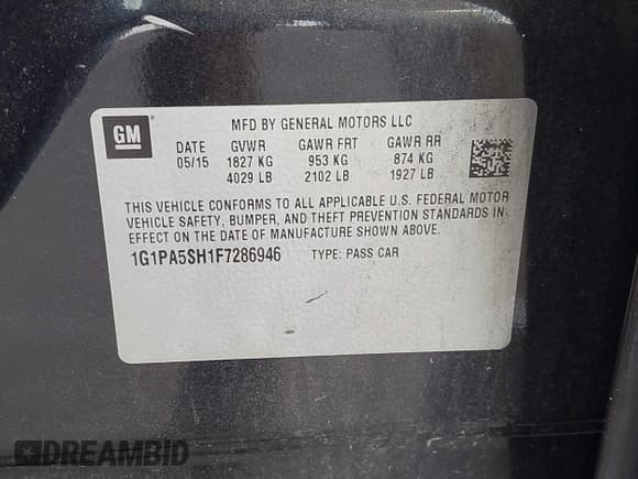 ✅ 2015 Chevrolet Cruze LS • VIN: 1G1PA5SH1F7286946 • Lot: 43555651. Listed on IAAI with 85,191 mi. Free auction sales archive from the USA and detailed vehicle history report at DreamBid. Image 9.