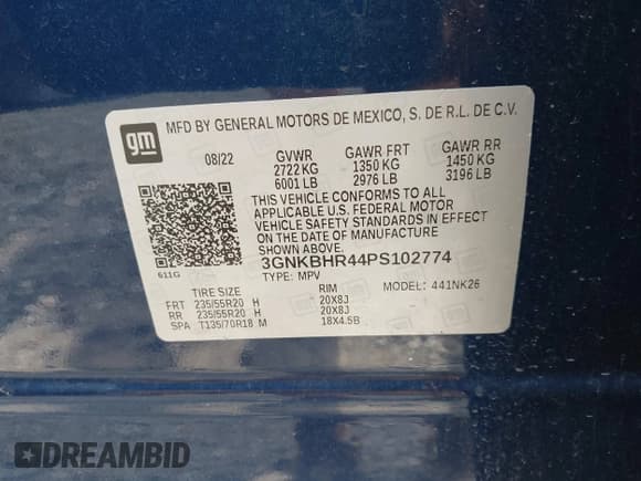 ✅ 2023 Chevrolet Blazer LT • VIN: 3GNKBHR44PS102774 • Lot: 42275169. Listed on IAAI with 63,186 mi. Free auction sales archive from the USA and detailed vehicle history report at DreamBid. Image 9.