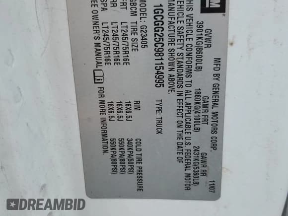 ✅ 2008 Chevrolet Express Cargo • VIN: 1GCGG25C981154995 • Lot: 86435365. Listed on Copart with 237,001 mi. Free auction sales archive from the USA and detailed vehicle history report at DreamBid. Image 13.