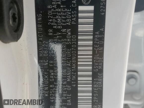 ✅ 2022 Toyota Camry TRD • VIN: 4T1KZ1AK8NU070300 • Lot: 59535895. Listed on Copart with 38,974 mi. Free auction sales archive from the USA and detailed vehicle history report at DreamBid. Image 13.