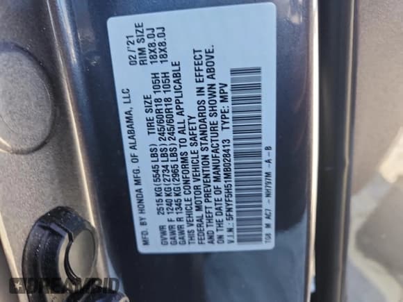 ✅ 2021 Honda Pilot EX-L • VIN: 5FNYF5H51MB028413 • Lot: 82764175. Listed on Copart with 52,831 mi. Free auction sales archive from the USA and detailed vehicle history report at DreamBid. Image 13.