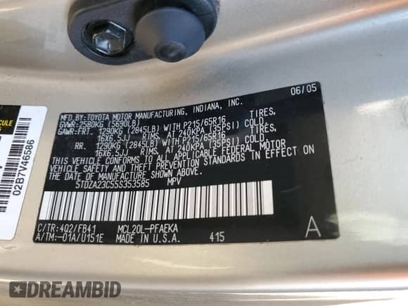 2005 Toyota Sienna LE z VIN 5TDZA23C55S353585, wystawiony jako Copart lot #89558335 z przebiegiem 89 759 mil mil oraz Szkoda całkowita • Salvage title. Historia ofert i sprzedaży dostępna na DreamBid. Obrazek 13.