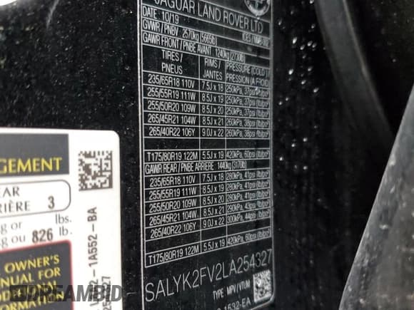 ✅ 2020 Land Rover Range Rover Velar R-Dynamic S • VIN: SALYK2FV2LA254327 • Лот: 83226864. Опубликован ранее на Copart с пробегом 89 716 миль. Бесплатный доступ к архиву аукционных продаж из США и подробный отчёт об истории автомобиля на DreamBid. Изображение 12.