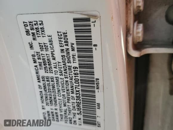 ✅ 2007 Honda CR-V LX • VIN: 5J6RE383X7L001619 • Lot: 80666835. Wystawiony na Copart z przebiegiem 296 120 mil. Bezpłatny archiwum sprzedaży aukcyjnych z USA i szczegółowy raport historii pojazdu na DreamBid. Zdjęcie 13.