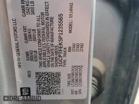 2023 Chevrolet Colorado 4WD ZR2 with VIN 1GCPTFEK5P1235565, listed as a Copart auction lot 61607045 with 42,500 mi miles and Salvage title. Bid and sale history available at DreamBid. Image 13.