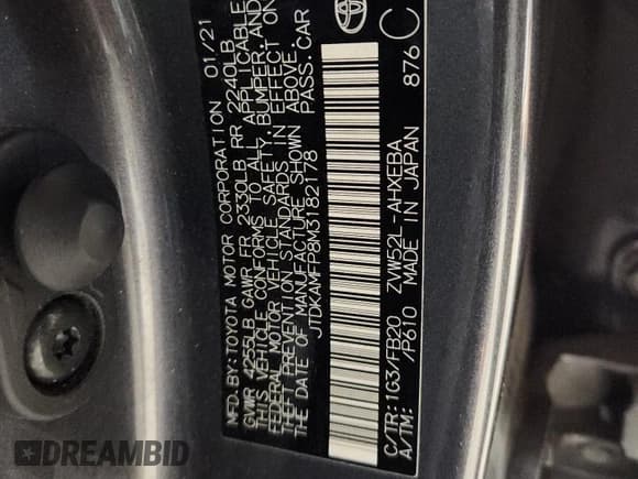 ✅ 2021 Toyota Prius XLE • VIN: JTDKAMFP8M3182178 • Lot: 93390195. Listed on Copart with Not provided. Free auction sales archive from the USA and detailed vehicle history report at DreamBid. Image 13.