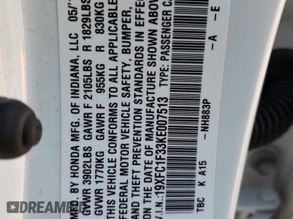 ✅ 2019 Honda Civic EX • VIN: 19XFC1F33KE007513 • Lot: 85060835. Listed on Copart with 47,917 mi. Free auction sales archive from the USA and detailed vehicle history report at DreamBid. Image 12.