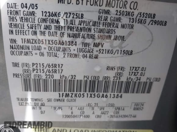 ✅ 2005 Ford Freestyle SEL • VIN: 1FMZK051X5GA61384 • Лот: 43153454. Опубликован ранее на IAAI с пробегом 227 646 миль. Бесплатный доступ к архиву аукционных продаж из США и подробный отчёт об истории автомобиля на DreamBid. Изображение 9.