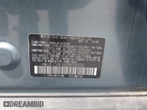 ✅ 2009 Subaru Forester X • VIN: JF2SH63609H766458 • Lot: 42621929. Listed on IAAI with 152,235 mi. Free auction sales archive from the USA and detailed vehicle history report at DreamBid. Image 9.