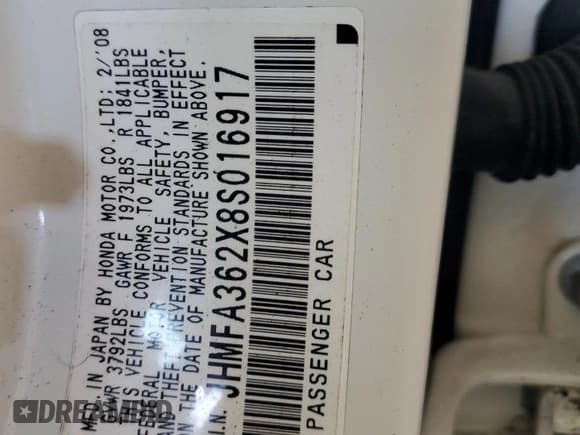 ✅ 2008 Honda Civic • VIN: JHMFA362X8S016917 • Lot: 85539215. Wystawiony na Copart z przebiegiem 149 103 mil. Bezpłatny archiwum sprzedaży aukcyjnych z USA i szczegółowy raport historii pojazdu na DreamBid. Zdjęcie 12.
