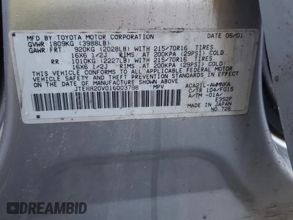 ✅ 2001 Toyota RAV4 • VIN: JTEHH20V016003798 • Лот: 89921065. Опубликован ранее на Copart с пробегом Не указан. Бесплатный доступ к архиву аукционных продаж из США и подробный отчёт об истории автомобиля на DreamBid. Изображение 13.