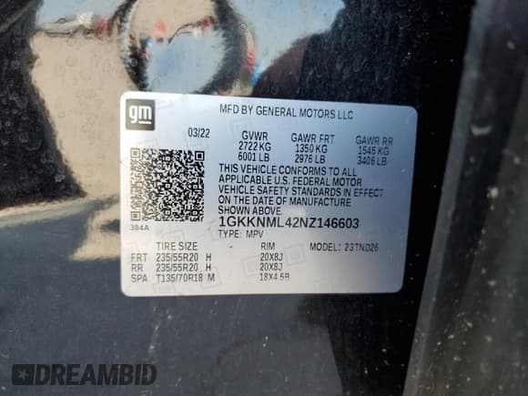 ✅ 2022 GMC Acadia SLT • VIN: 1GKKNML42NZ146603 • Lot: 54848185. Listed on Copart with 64,767 mi. Free auction sales archive from the USA and detailed vehicle history report at DreamBid. Image 14.