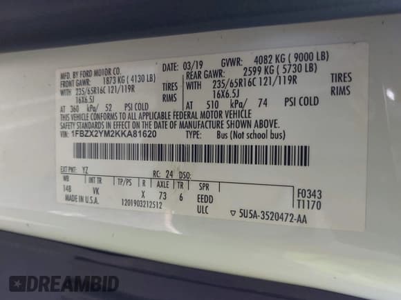 ✅ 2019 Ford Transit Passenger XL • VIN: 1FBZX2YM2KKA81620 • Лот: 41419895. Опубликован ранее на IAAI с пробегом 189 196 миль. Бесплатный доступ к архиву аукционных продаж из США и подробный отчёт об истории автомобиля на DreamBid. Изображение 9.