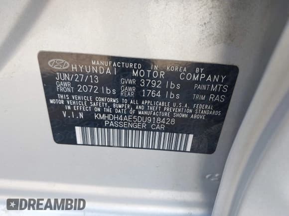✅ 2013 Hyundai Elantra GLS • VIN: KMHDH4AE5DU918428 • Lot: 43577973. Listed on IAAI with 116,708 mi. Free auction sales archive from the USA and detailed vehicle history report at DreamBid. Image 9.