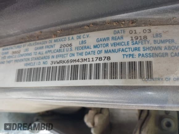 ✅ 2003 Volkswagen Jetta GL • VIN: 3VWRK69M43M117878 • Lot: 42553211. Listed on IAAI with 183,524 mi. Free auction sales archive from the USA and detailed vehicle history report at DreamBid. Image 9.