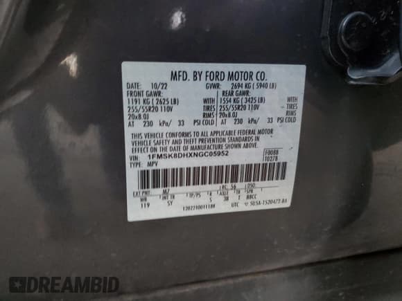 ✅ 2022 Ford Explorer XLT • VIN: 1FMSK8DHXNGC05952 • Lot: 89576575. Listed on Copart with 71,061 mi. Free auction sales archive from the USA and detailed vehicle history report at DreamBid. Image 13.