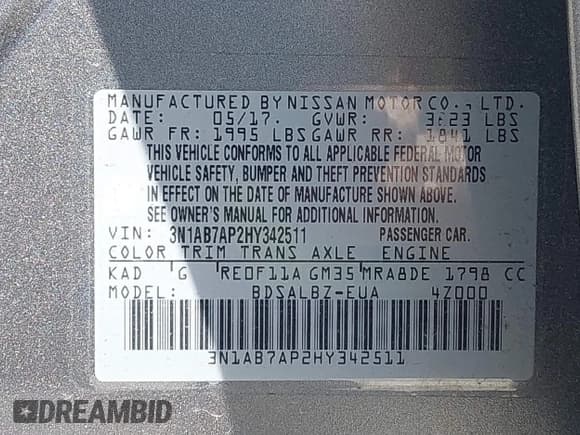 ✅ 2017 Nissan Sentra S • VIN: 3N1AB7AP2HY342511 • Lot: 42281634. Listed on IAAI with 102,276 mi. Free auction sales archive from the USA and detailed vehicle history report at DreamBid. Image 9.