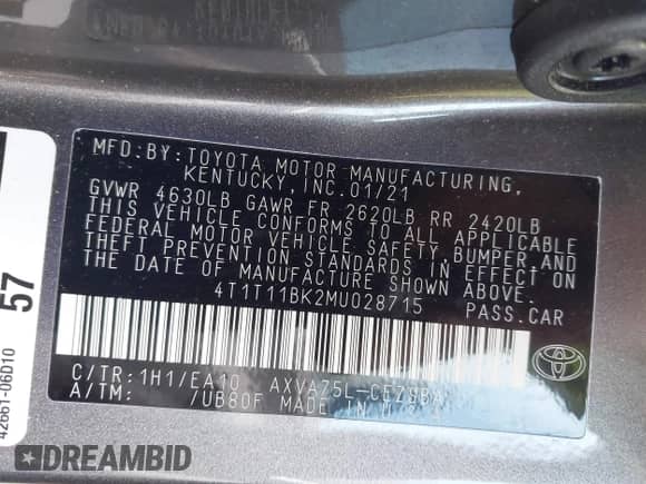 2021 Toyota Camry SE with VIN 4T1T11BK2MU028715, listed as a IAAI auction lot 42845840 with 39,370 mi miles and . Bid and sale history available at DreamBid. Image 9.