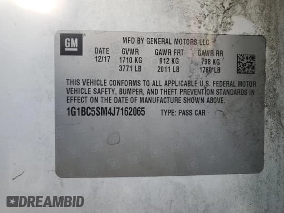 ✅ 2018 Chevrolet Cruze LS • VIN: 1G1BC5SM4J7162065 • Lot: 36288423. Listed on Copart with 114,315 mi. Free auction sales archive from the USA and detailed vehicle history report at DreamBid. Image 13.