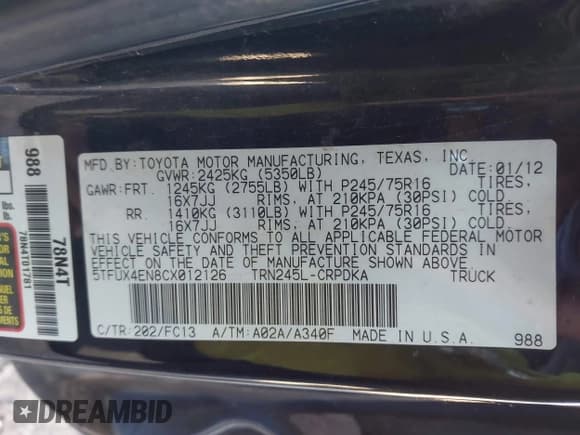✅ 2012 Toyota Tacoma • VIN: 5TFUX4EN8CX012126 • Lot: 43629263. Listed on IAAI with 145,885 mi. Free auction sales archive from the USA and detailed vehicle history report at DreamBid. Image 9.