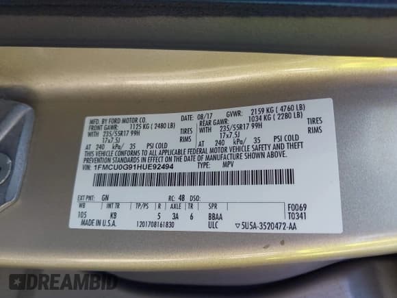 ✅ 2017 Ford Escape SE • VIN: 1FMCU0G91HUE92494 • Лот: 43426873. Опубликован ранее на IAAI с пробегом 114 271 миль. Бесплатный доступ к архиву аукционных продаж из США и подробный отчёт об истории автомобиля на DreamBid. Изображение 9.