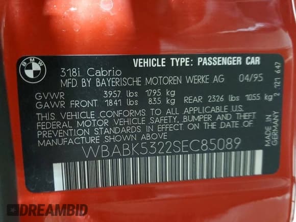 ✅ 1995 BMW 3 Series 318i • VIN: WBABK5322SEC85089 • Лот: 58808065. Опубликован ранее на Copart с пробегом 79 477 миль. Бесплатный доступ к архиву аукционных продаж из США и подробный отчёт об истории автомобиля на DreamBid. Изображение 12.