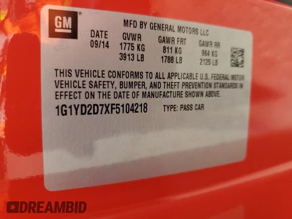 ✅ 2015 Chevrolet Corvette 2LT • VIN: 1G1YD2D7XF5104218 • Лот: 56056945. Опубликован ранее на Copart с пробегом 42 300 миль. Бесплатный доступ к архиву аукционных продаж из США и подробный отчёт об истории автомобиля на DreamBid. Изображение 12.