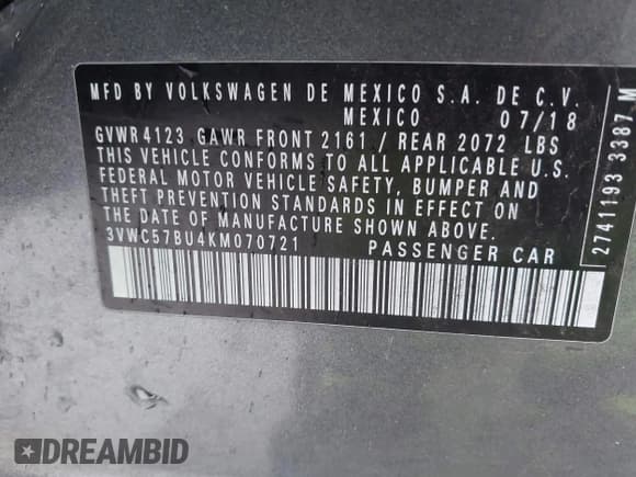 ✅ 2019 Volkswagen Jetta S • VIN: 3VWC57BU4KM070721 • Лот: 43677883. Опубликован ранее на IAAI с пробегом 52 818 миль. Бесплатный доступ к архиву аукционных продаж из США и подробный отчёт об истории автомобиля на DreamBid. Изображение 9.