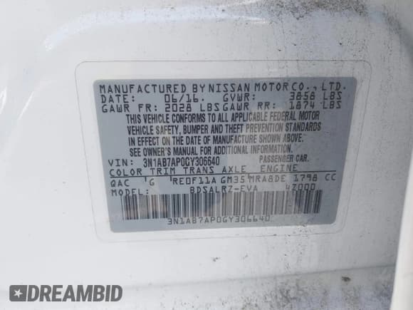 ✅ 2016 Nissan Sentra SR • VIN: 3N1AB7AP0GY306640 • Lot: 42740655. Listed on IAAI with 136,090 mi. Free auction sales archive from the USA and detailed vehicle history report at DreamBid. Image 9.