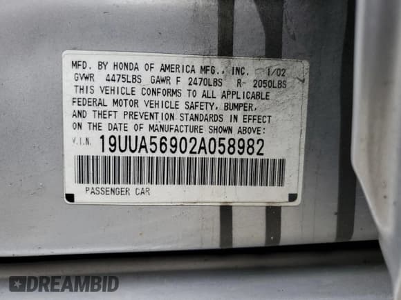 ✅ 2002 Acura TL Type S • VIN: 19UUA56902A058982 • Лот: 57088105. Опубликован ранее на Copart с пробегом 196 509 миль. Бесплатный доступ к архиву аукционных продаж из США и подробный отчёт об истории автомобиля на DreamBid. Изображение 12.