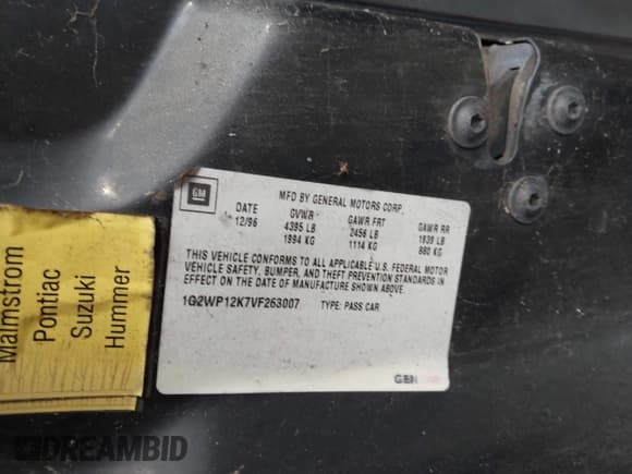 ✅ 1997 Pontiac Grand Prix GT • VIN: 1G2WP12K7VF263007 • Lot: 43681101. Wystawiony na IAAI z przebiegiem 197 953 mil. Bezpłatny archiwum sprzedaży aukcyjnych z USA i szczegółowy raport historii pojazdu na DreamBid. Zdjęcie 9.