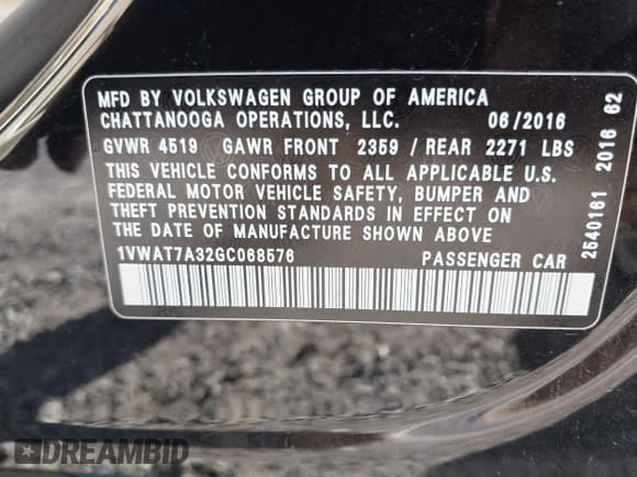 ✅ 2016 Volkswagen Passat S • VIN: 1VWAT7A32GC068576 • Lot: 43605629. Listed on IAAI with 111,659 mi. Free auction sales archive from the USA and detailed vehicle history report at DreamBid. Image 9.