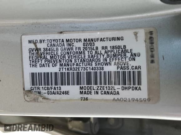 ✅ 2003 Toyota Matrix Std • VIN: 2T1KR32E73C140338 • Lot: 46194115. Listed on Copart with 236,753 mi. Free auction sales archive from the USA and detailed vehicle history report at DreamBid. Image 12.