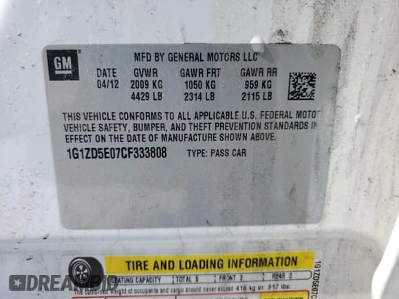 ✅ 2012 Chevrolet Malibu 2LT • VIN: 1G1ZD5E07CF333808 • Lot: 48121584. Listed on Copart with 98,790 mi. Free auction sales archive from the USA and detailed vehicle history report at DreamBid. Image 15.