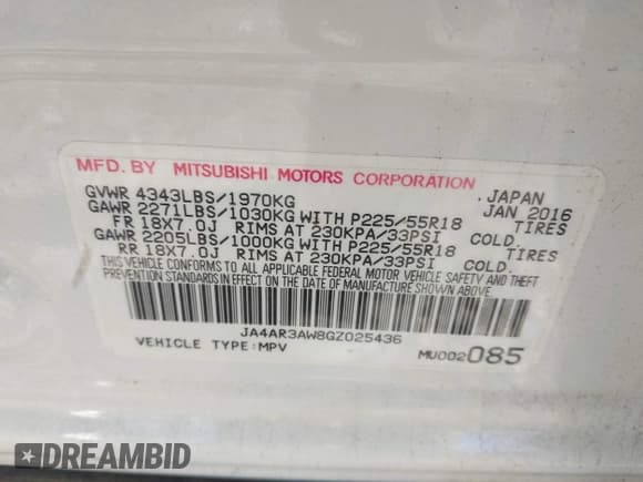 ✅ 2016 Mitsubishi Outlander ES • VIN: JA4AR3AW8GZ025436 • Lot: 43786587. Listed on IAAI with 145,007 mi. Free auction sales archive from the USA and detailed vehicle history report at DreamBid. Image 9.