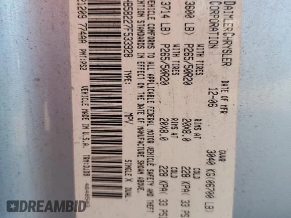 ✅ 2007 Dodge Durango Limited • VIN: 1D8HB58227F533928 • Лот: 82384455. Опубликован ранее на Copart с пробегом 217 867 миль. Бесплатный доступ к архиву аукционных продаж из США и подробный отчёт об истории автомобиля на DreamBid. Изображение 13.