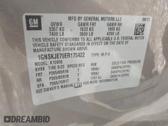 2014 Chevrolet Suburban LT with VIN 1GNSKJE79ER175422, listed as a IAAI auction lot 42654533 with 87,101 mi miles and . Bid and sale history available at DreamBid. Image 9.